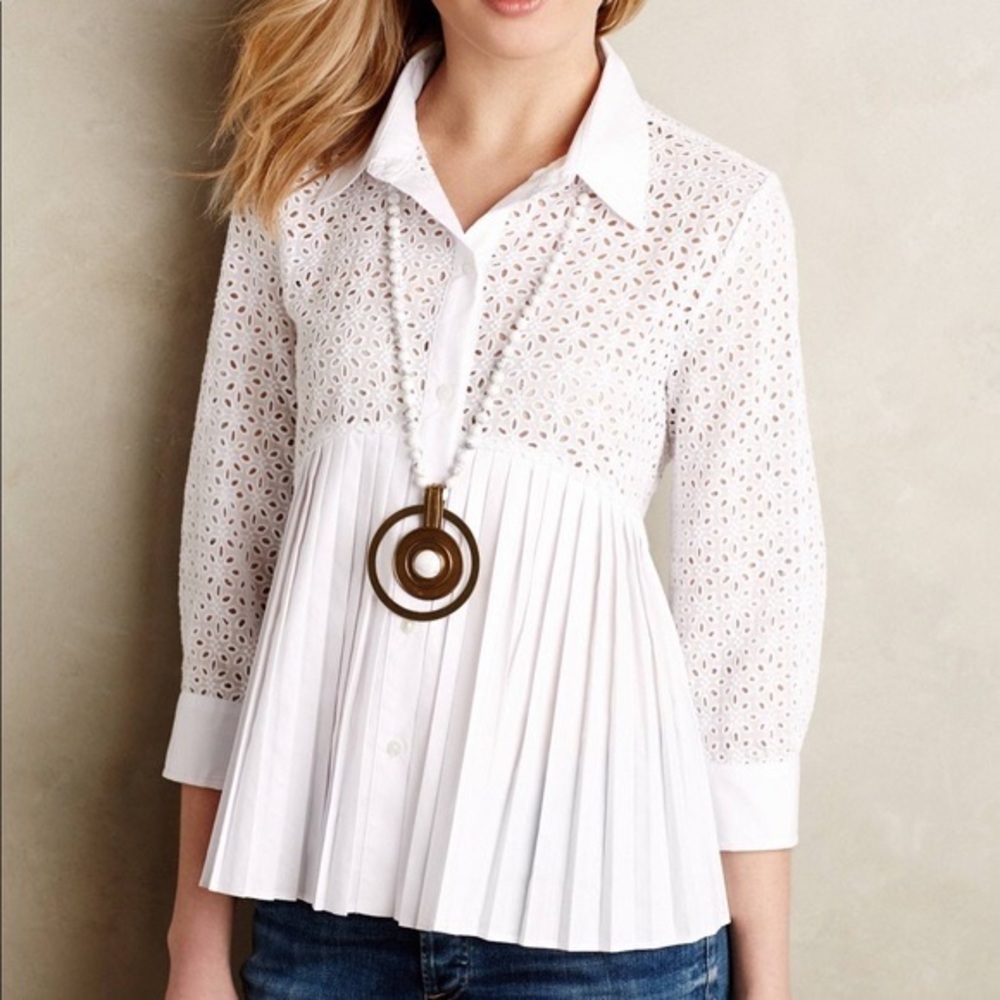 Anthropologie HD in Paris white eyelet pleated top